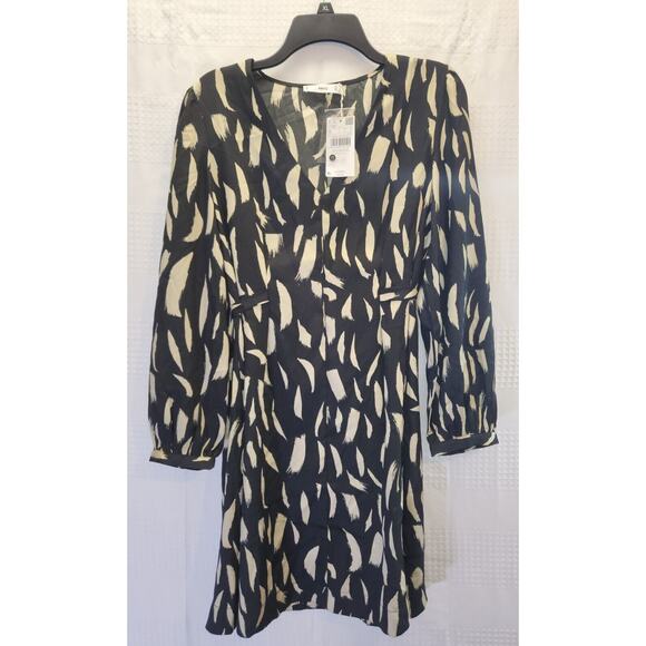 Mango MNG Dress Womens Sz 6 Black Gold Satin Chiffon Belted Flowy Vneck Caroline - Picture 1 of 8